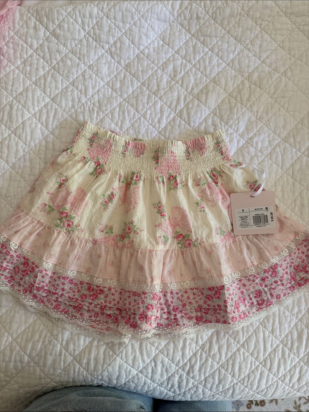 Love Shack Fancy Girls' Floral Tiered Skirt in Pink and Cream